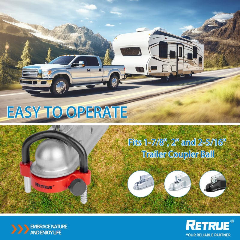 RETRUE Universal Trailer Ball Lock Hitch Coupler Locks Fits 1-7/8 Inch, 2 Inch, 2-5/16 Inch Couplers Adjustable Security with Weatherproof Cover and Cap, Red - Image 3